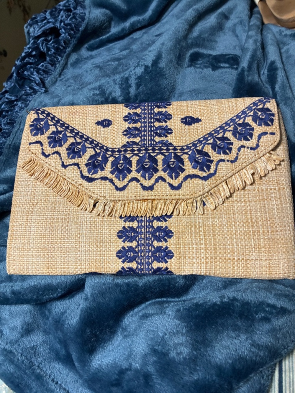 Stella & Dot Blue Embroidered Natural Woven Fringe Clutch